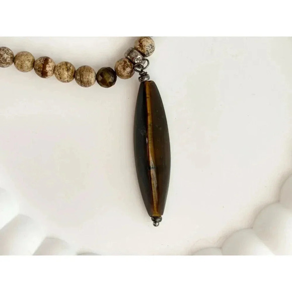Tiger's Eye Agate Beaded Vintage Long Hand Strung Vintage Pendant Necklace - 16" - Picture 3 of 10
